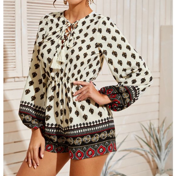 Pants - Romper Lace-up Front Lantern Sleeve Tribal…